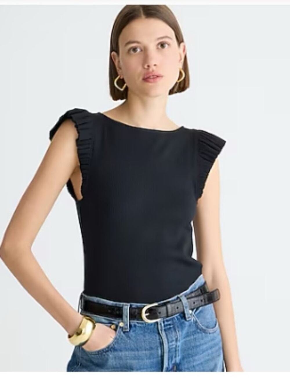 J. Crew Ribbed Vintage Black Ruffle Sleeve Tank Top Size Small